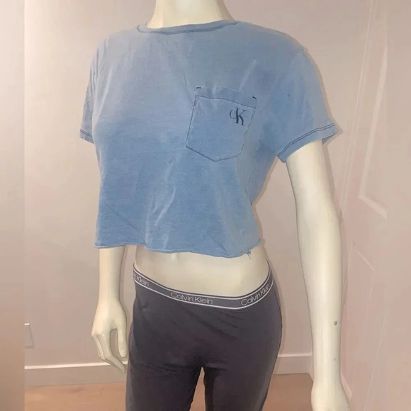 CALVIN KLEIN WASHRD BABY BLUE CROPPED LOGO POCKET TEE SIZE MEDIUM - Picture 1 of 9